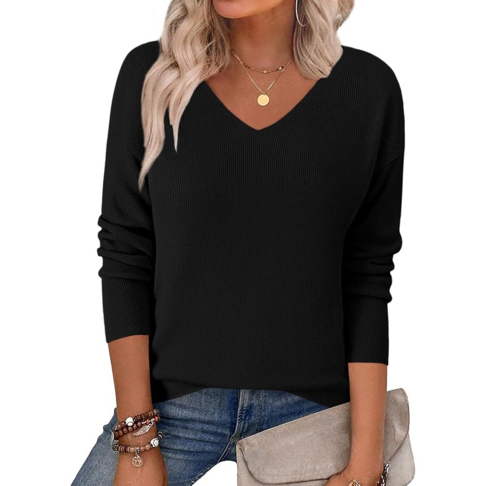 imageZeagoo Womens 2026 Fall Sweaters Long Sleeve V Neck Knit Pullovers Business Casual Sweater TopsBlack