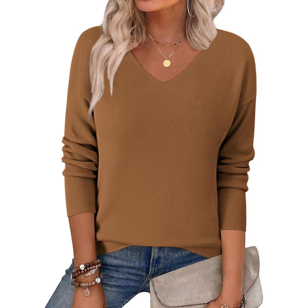 imageZeagoo Womens 2026 Fall Sweaters Long Sleeve V Neck Knit Pullovers Business Casual Sweater TopsCoffee