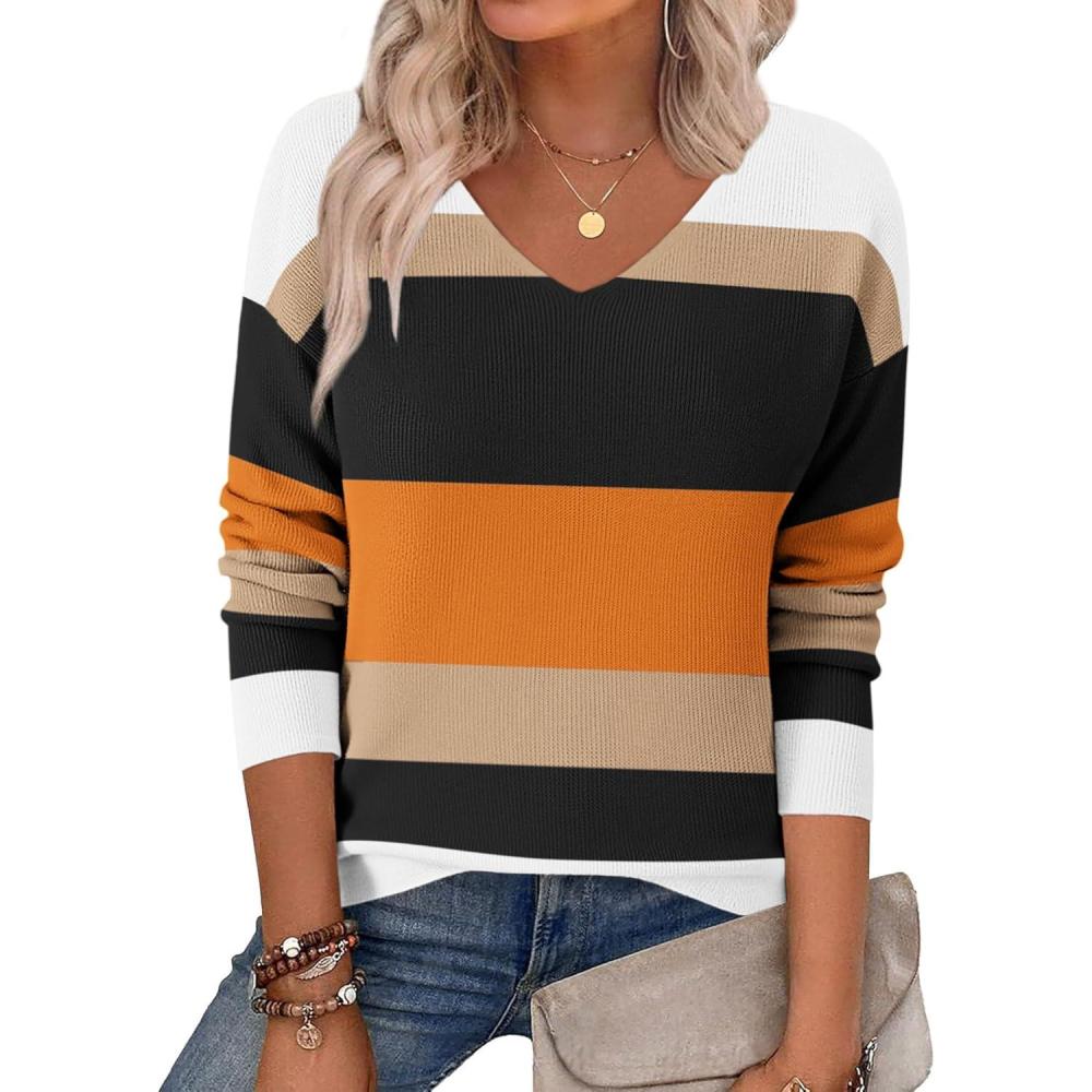 imageZeagoo Womens 2026 Fall Sweaters Long Sleeve V Neck Knit Pullovers Business Casual Sweater TopsOrange Stripe