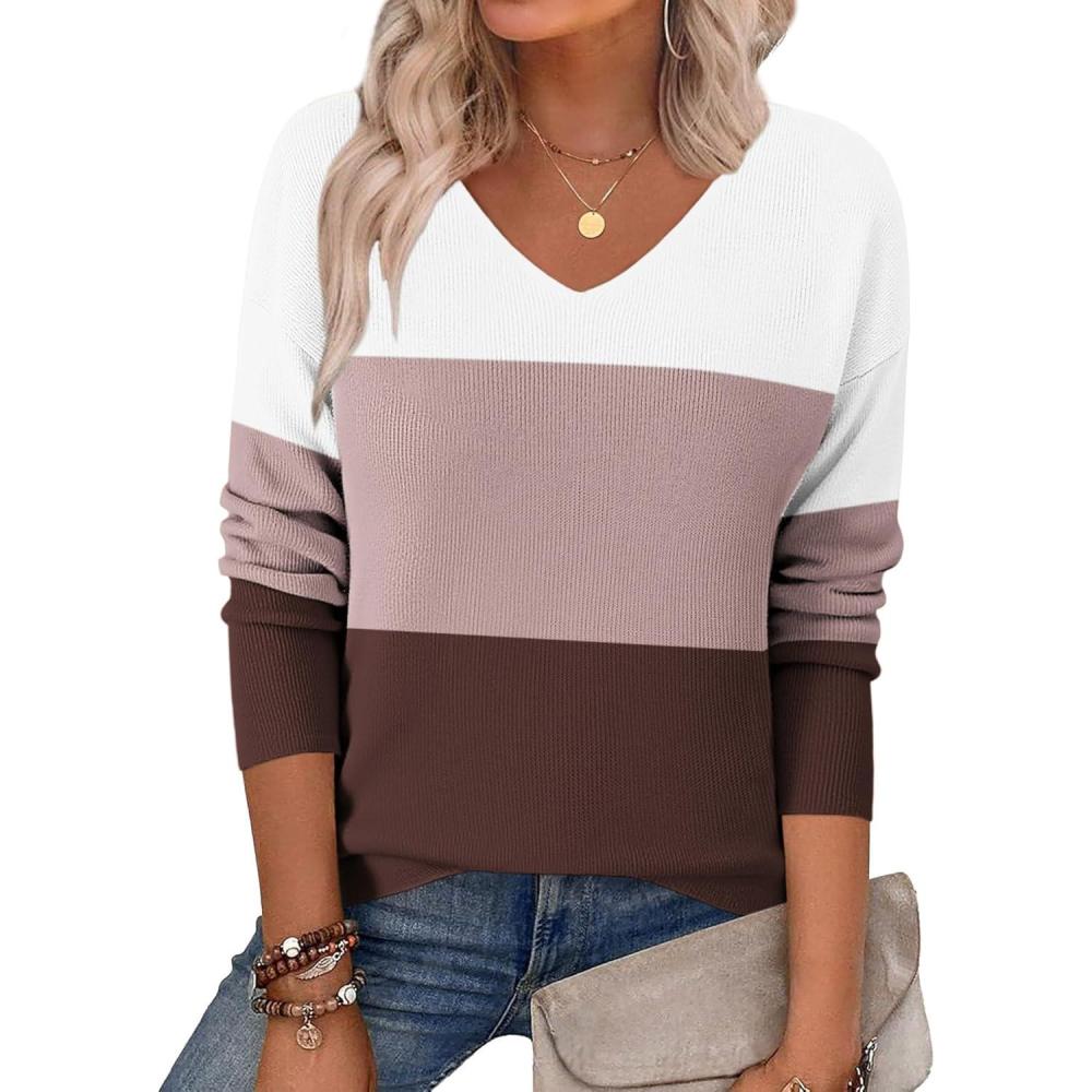 imageZeagoo Womens 2026 Fall Sweaters Long Sleeve V Neck Knit Pullovers Business Casual Sweater TopsWhitepurple