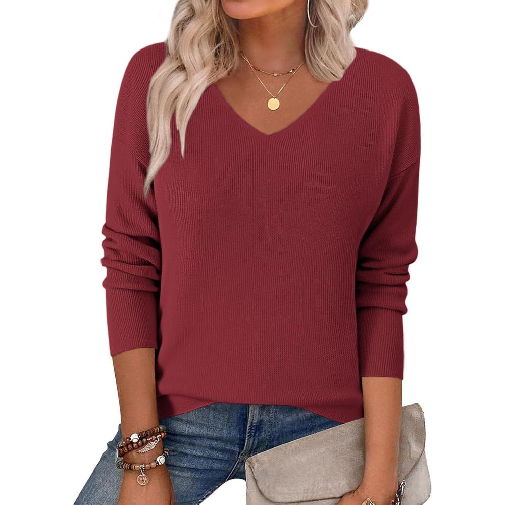 imageZeagoo Womens 2026 Fall Sweaters Long Sleeve V Neck Knit Pullovers Business Casual Sweater TopsWine Red