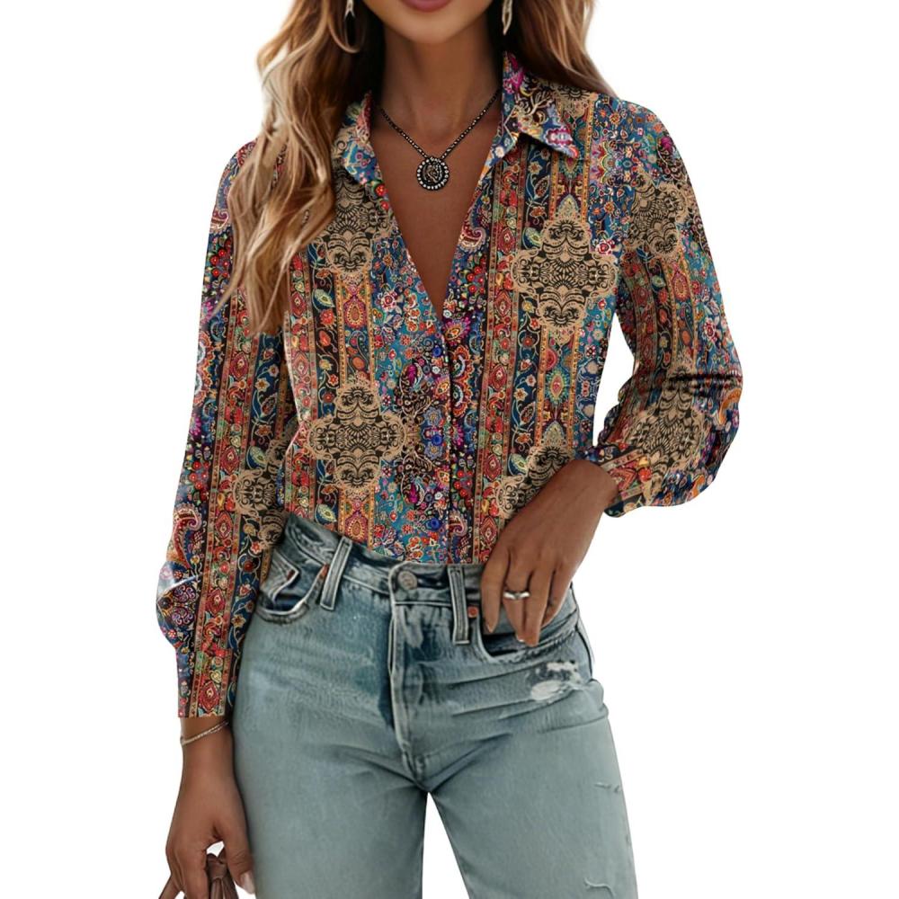 imageZeagoo Womens Button Down Shirts Lantern Long Sleeve Blouse Business Casual Work Tops Floral Printed Outfits3multi Brown