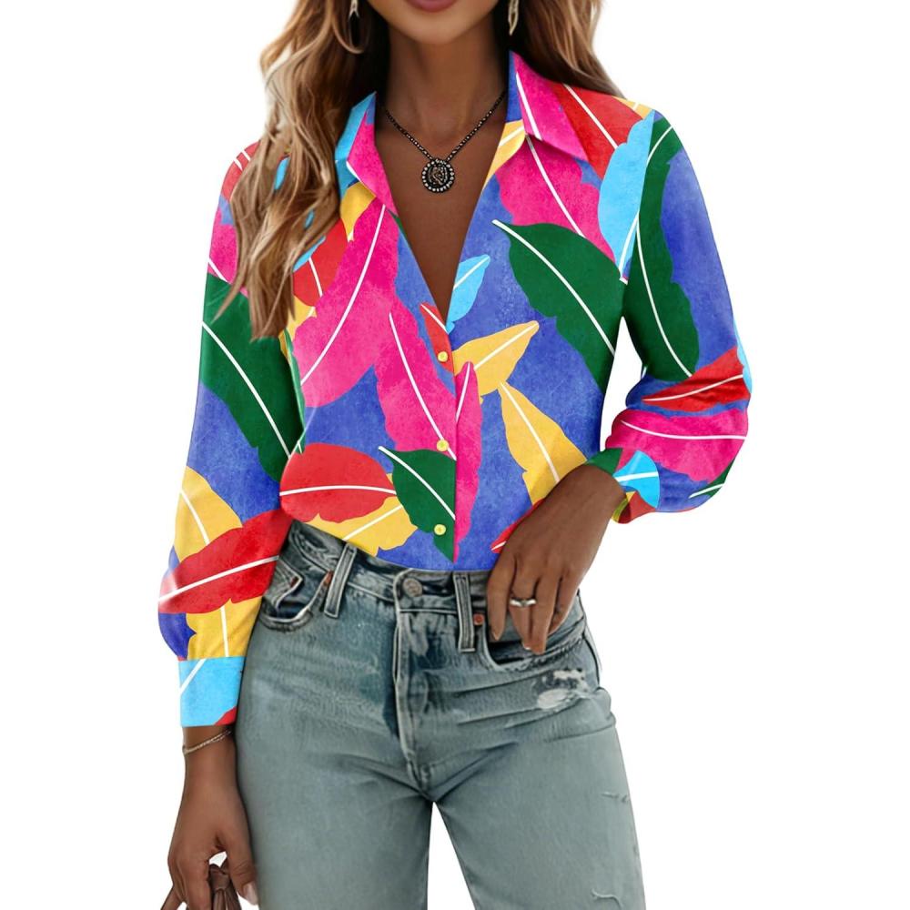 imageZeagoo Womens Button Down Shirts Lantern Long Sleeve Blouse Business Casual Work Tops Floral Printed OutfitsA B1 Multicolor