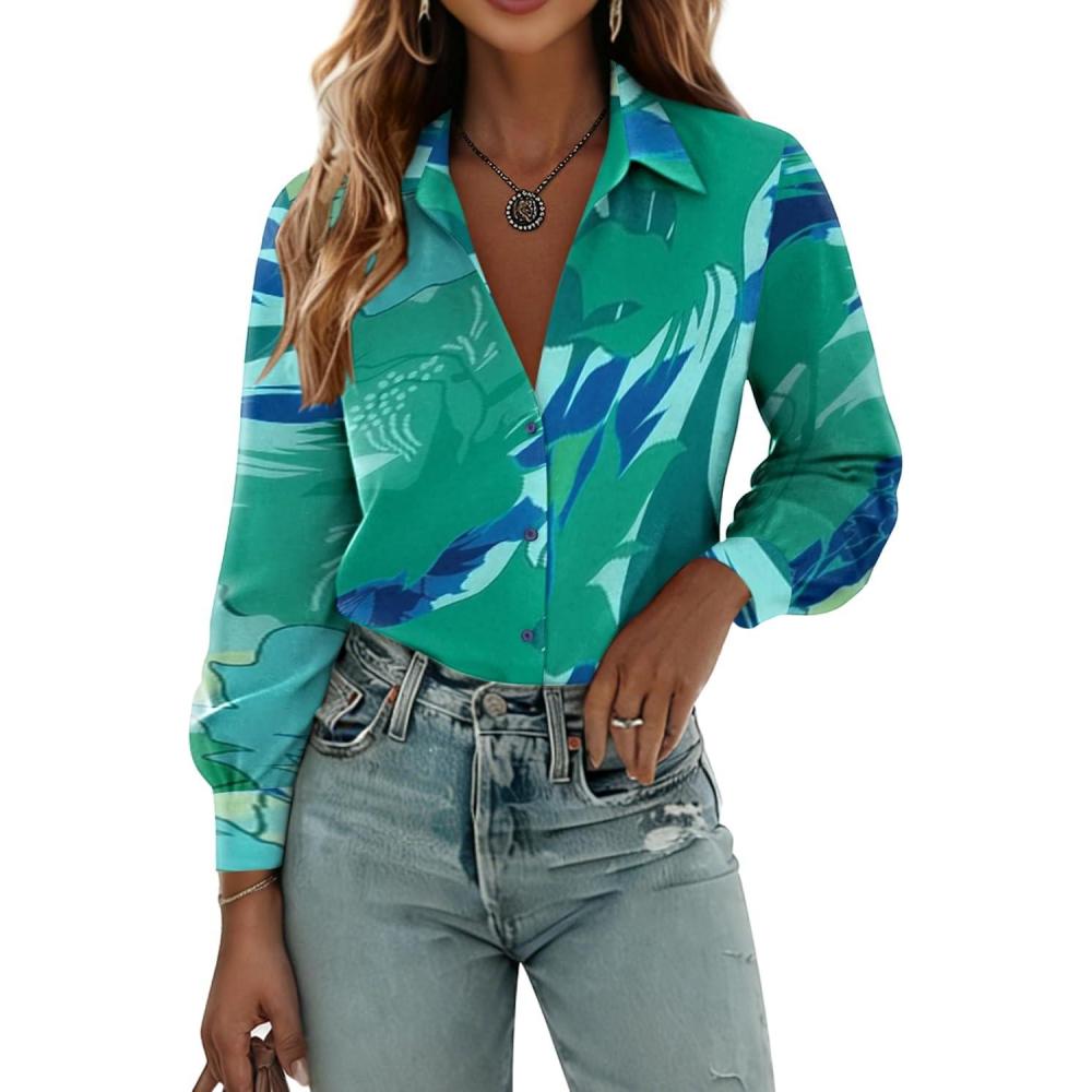 imageZeagoo Womens Button Down Shirts Lantern Long Sleeve Blouse Business Casual Work Tops Floral Printed OutfitsB2 Blue Paradise