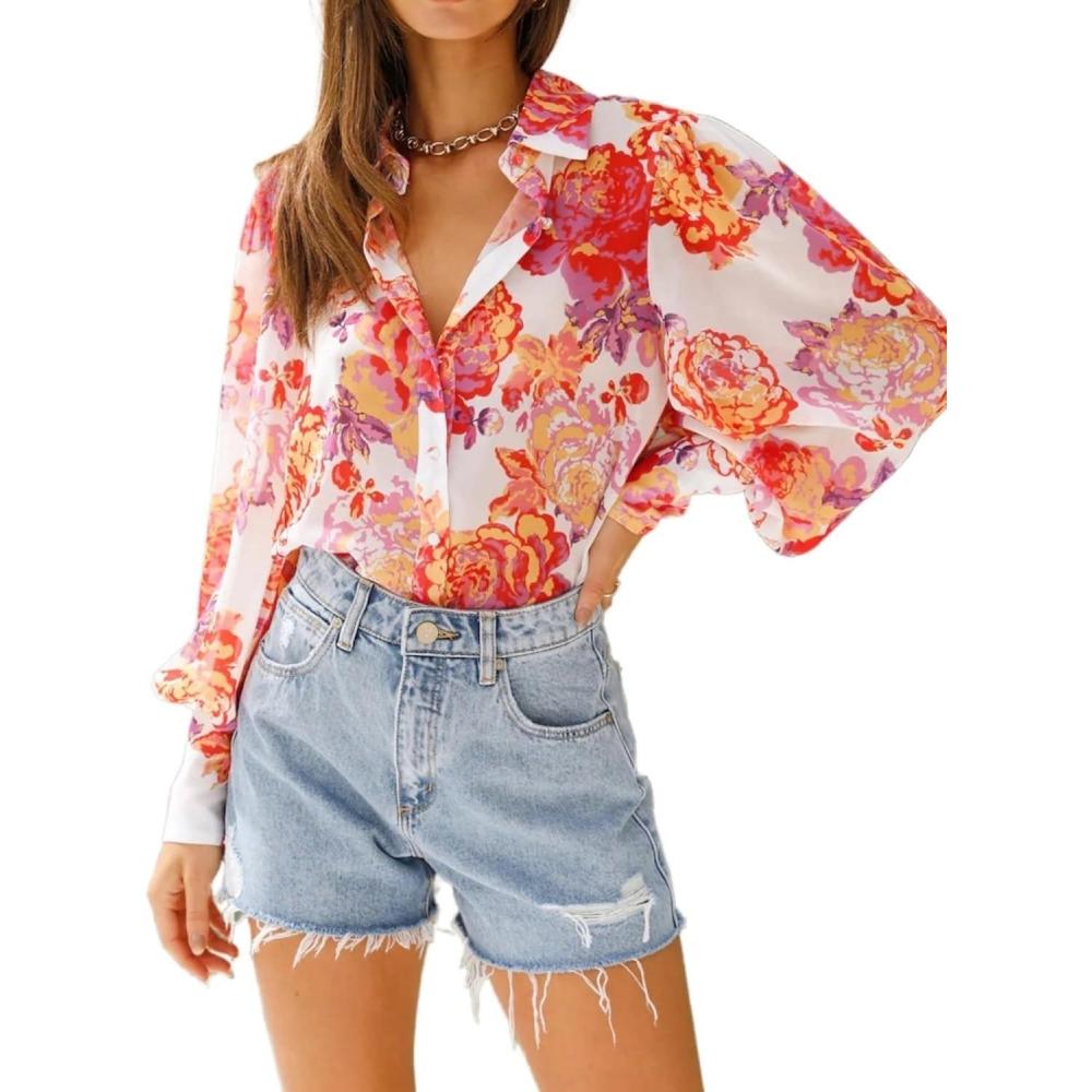 imageZeagoo Womens Button Down Shirts Lantern Long Sleeve Blouse Business Casual Work Tops Floral Printed OutfitsB2 Orange Floral