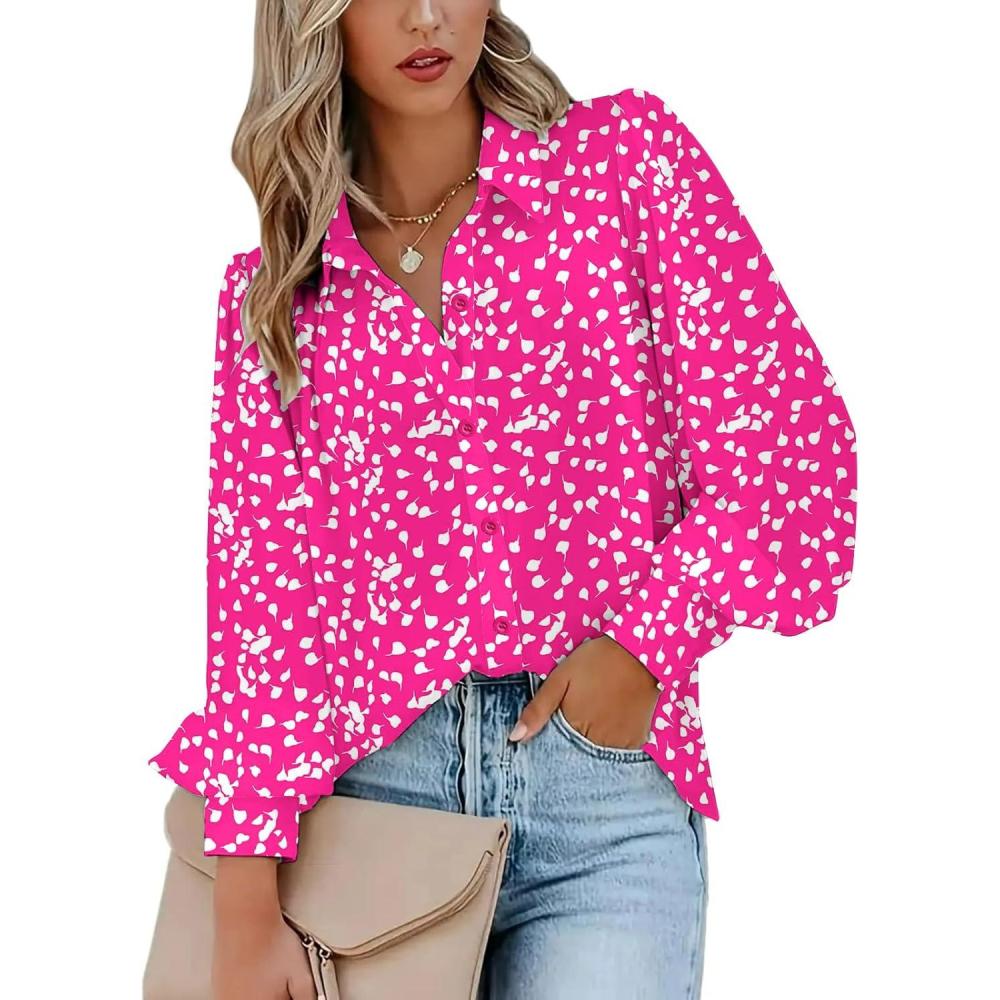 imageZeagoo Womens Button Down Shirts Lantern Long Sleeve Blouse Business Casual Work Tops Floral Printed OutfitsB2 Pink Dot