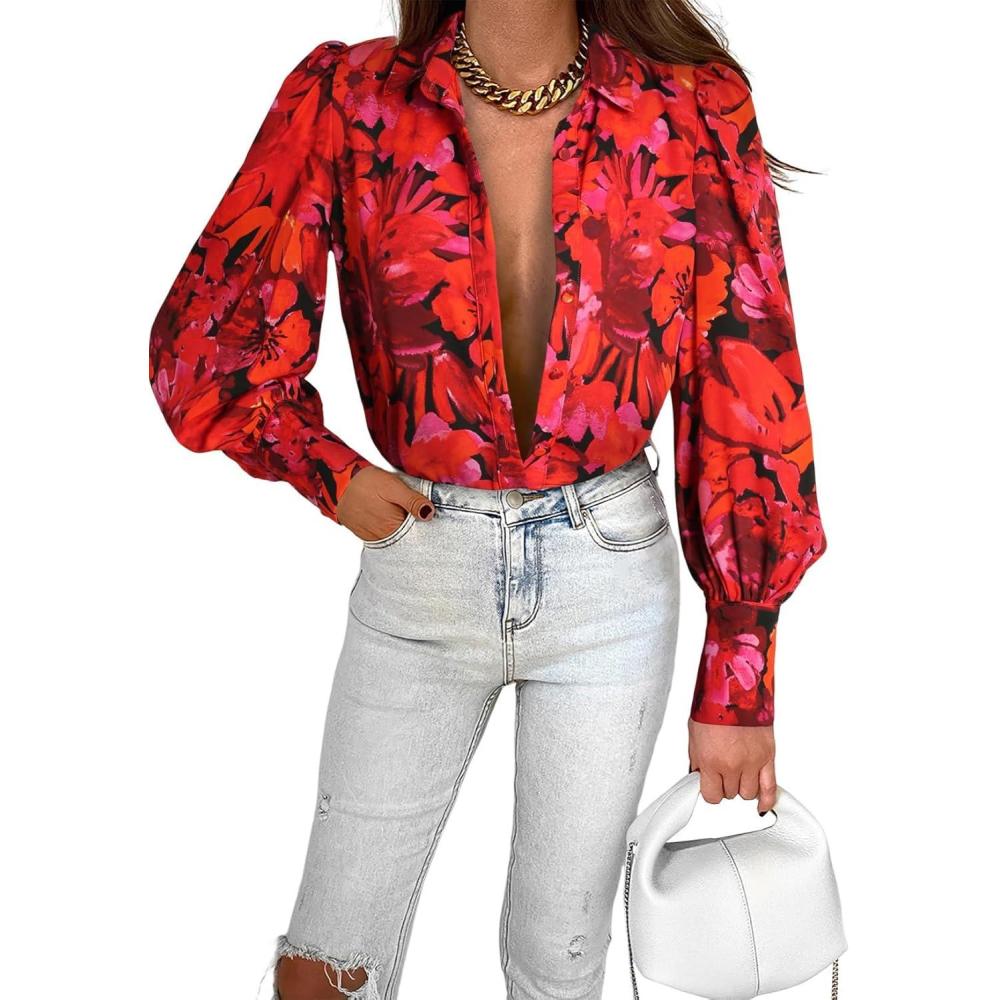 imageZeagoo Womens Button Down Shirts Lantern Long Sleeve Blouse Business Casual Work Tops Floral Printed OutfitsB2 Stelani Red