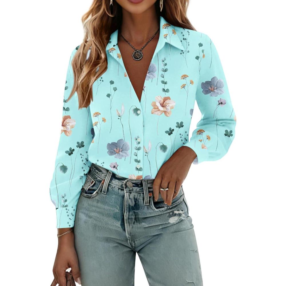 imageZeagoo Womens Button Down Shirts Lantern Long Sleeve Blouse Business Casual Work Tops Floral Printed OutfitsBf139