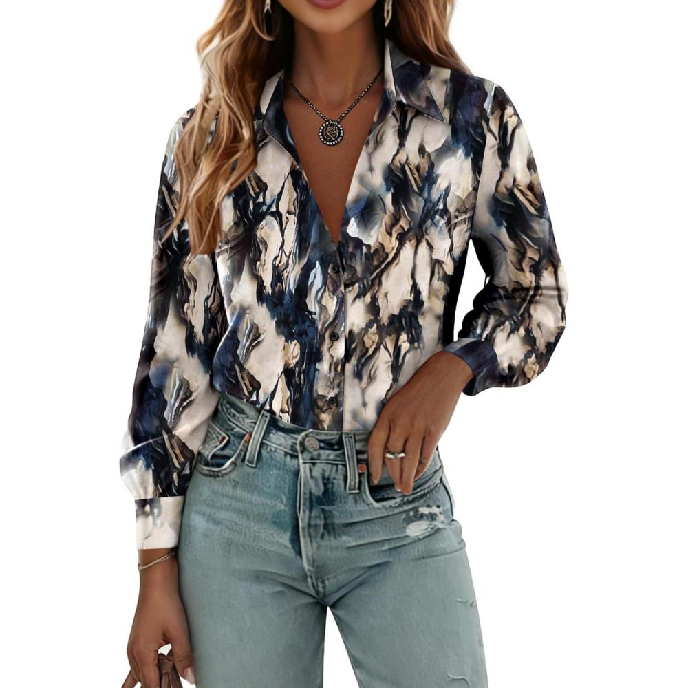 imageZeagoo Womens Button Down Shirts Lantern Long Sleeve Blouse Business Casual Work Tops Floral Printed OutfitsInk Painting