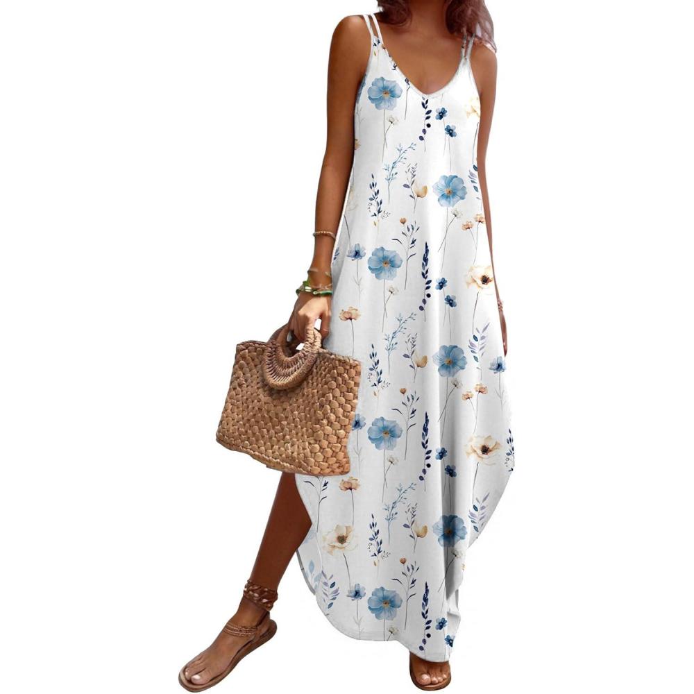 imageZeagoo Womens Casual Sundress Summer Maxi Sleeveless V Neck Split Boho Beach Dress Travel Vacation Dress with Pockets06white Floral
