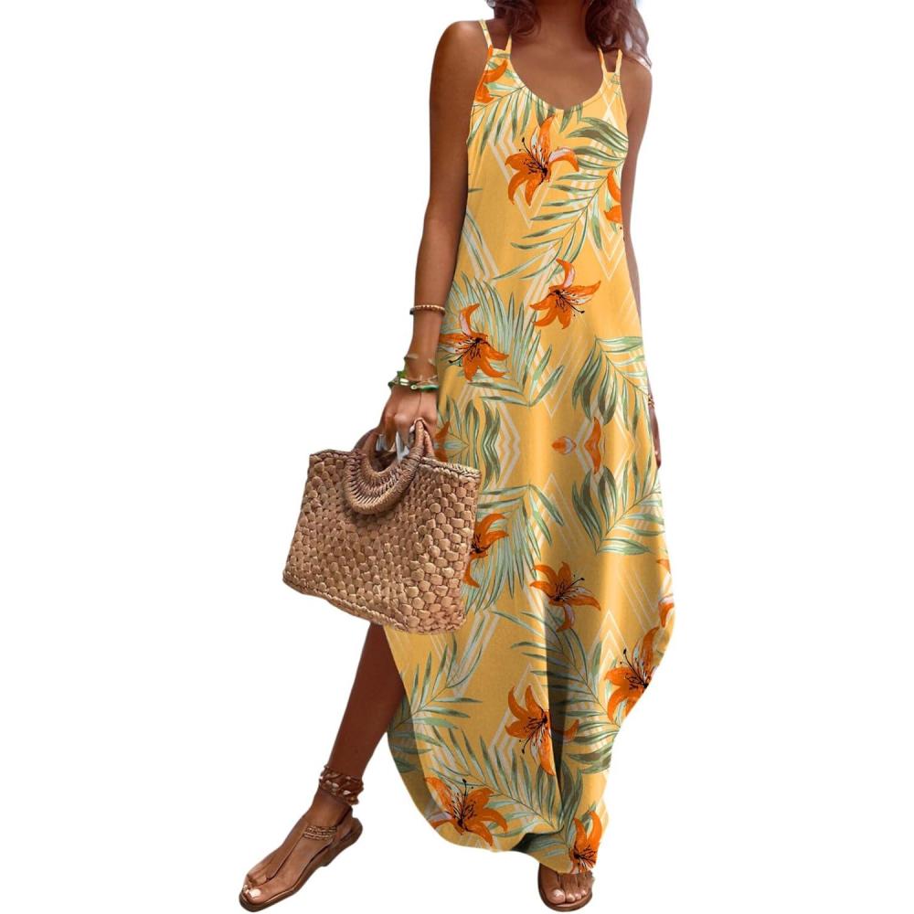 imageZeagoo Womens Casual Sundress Summer Maxi Sleeveless V Neck Split Boho Beach Dress Travel Vacation Dress with PocketsA03yellow Floral2