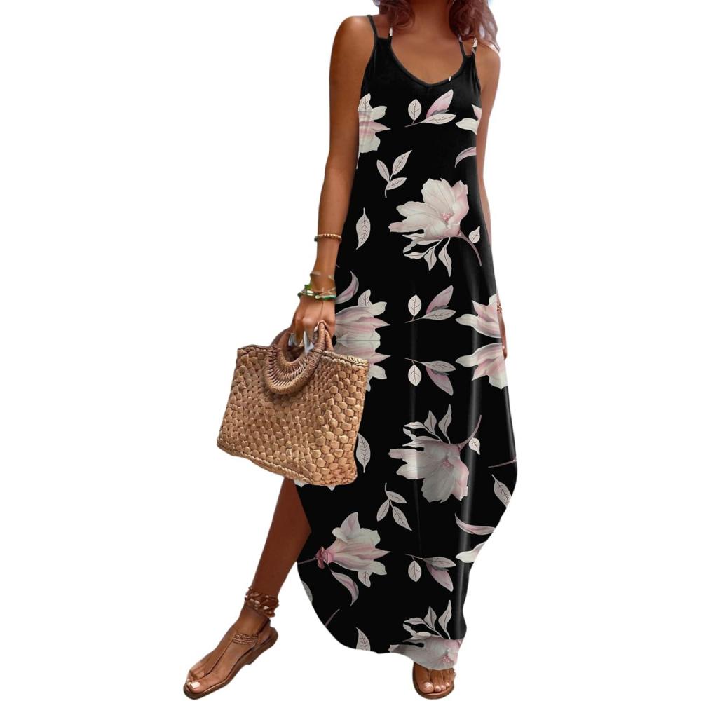 imageZeagoo Womens Casual Sundress Summer Maxi Sleeveless V Neck Split Boho Beach Dress Travel Vacation Dress with PocketsBlue Flora