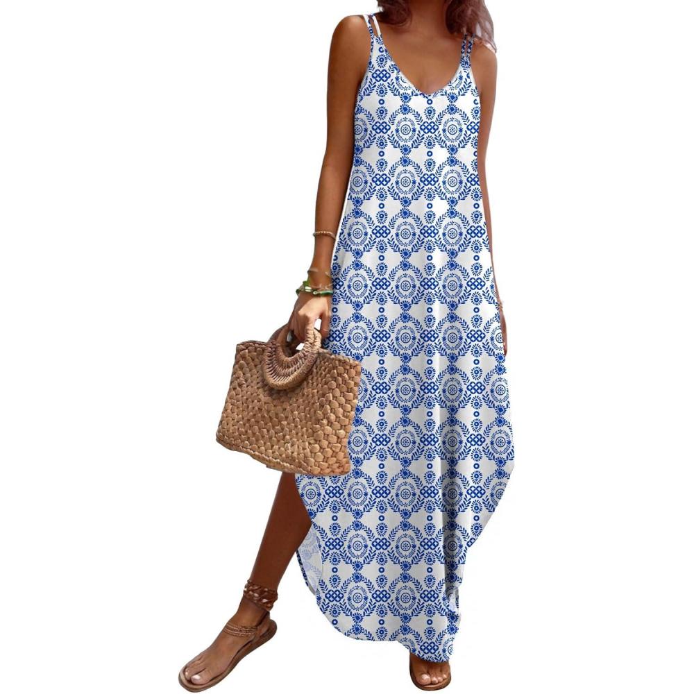 imageZeagoo Womens Casual Sundress Summer Maxi Sleeveless V Neck Split Boho Beach Dress Travel Vacation Dress with PocketsBlue Floral