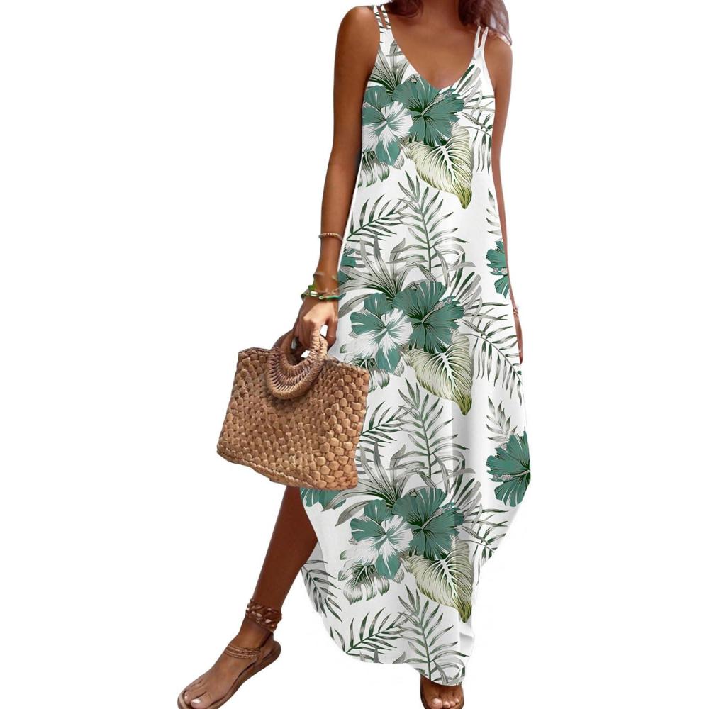 imageZeagoo Womens Casual Sundress Summer Maxi Sleeveless V Neck Split Boho Beach Dress Travel Vacation Dress with PocketsHf39