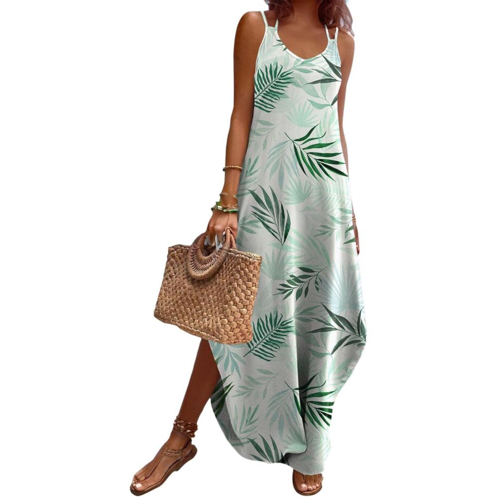 imageZeagoo Womens Casual Sundress Summer Maxi Sleeveless V Neck Split Boho Beach Dress Travel Vacation Dress with PocketsLeaf2