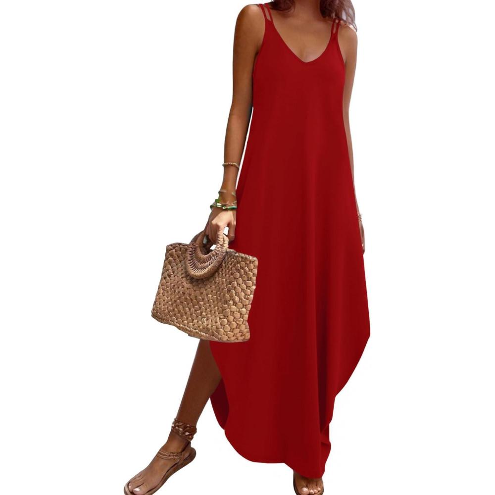 imageZeagoo Womens Casual Sundress Summer Maxi Sleeveless V Neck Split Boho Beach Dress Travel Vacation Dress with PocketsRed