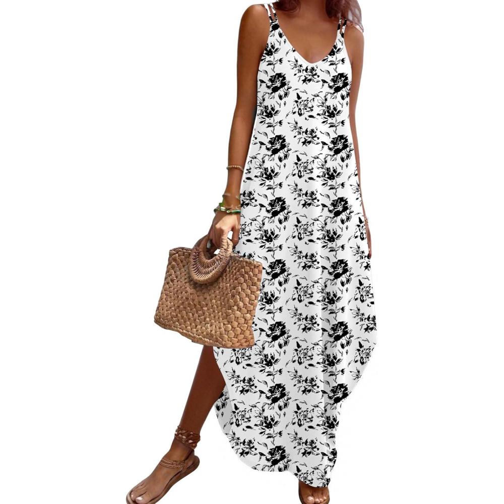 imageZeagoo Womens Casual Sundress Summer Maxi Sleeveless V Neck Split Boho Beach Dress Travel Vacation Dress with PocketsSf196