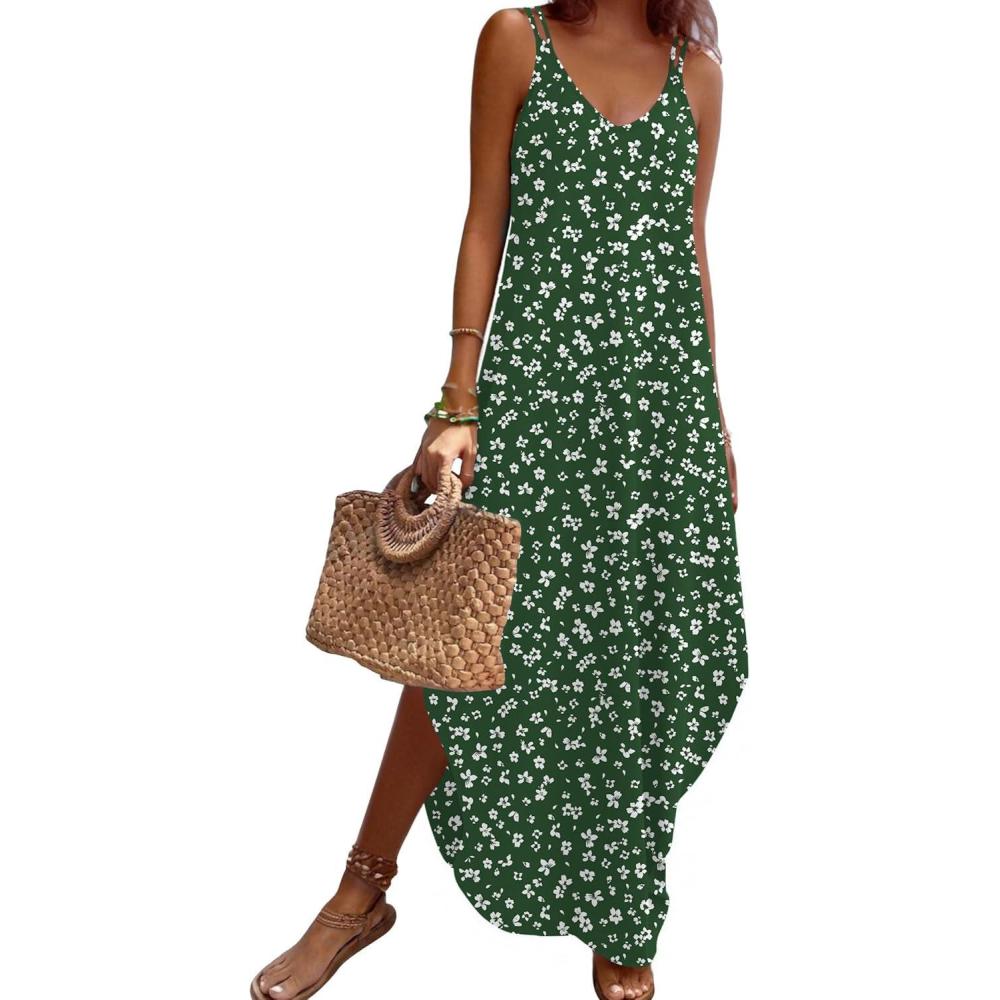 imageZeagoo Womens Casual Sundress Summer Maxi Sleeveless V Neck Split Boho Beach Dress Travel Vacation Dress with PocketsXh527