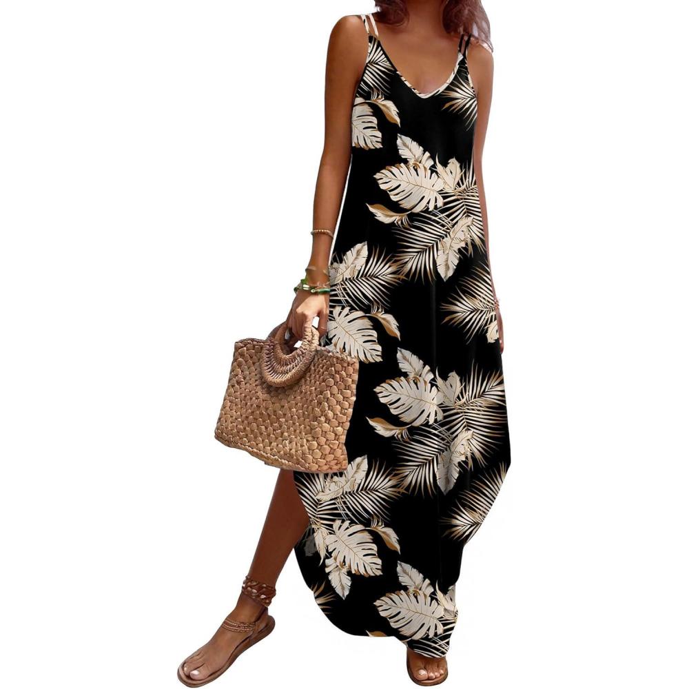 imageZeagoo Womens Casual Sundress Summer Maxi Sleeveless V Neck Split Boho Beach Dress Travel Vacation Dress with PocketsZw29