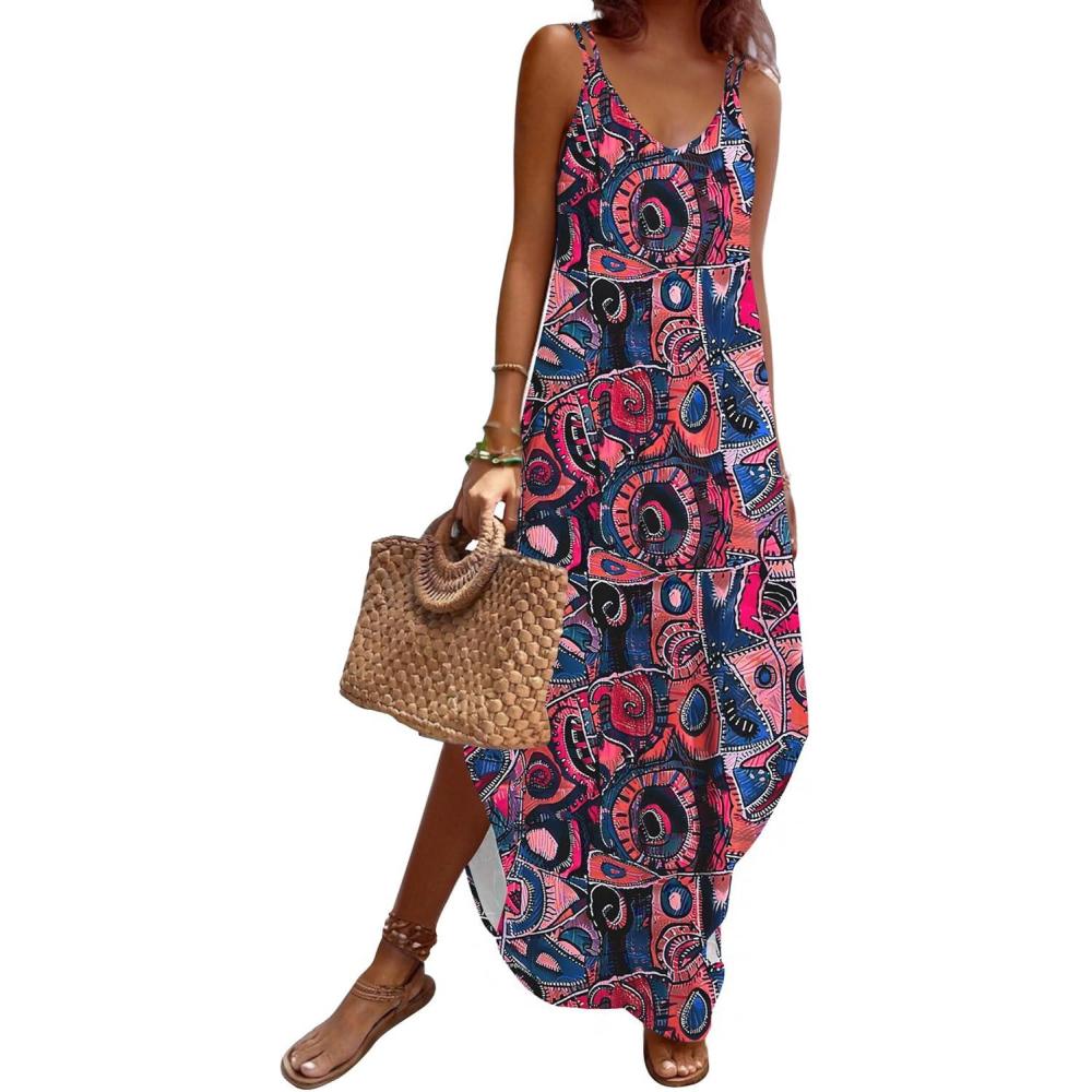 imageZeagoo Womens Casual Sundress Summer Maxi Sleeveless V Neck Split Boho Beach Dress Travel Vacation Dress with PocketsZx255