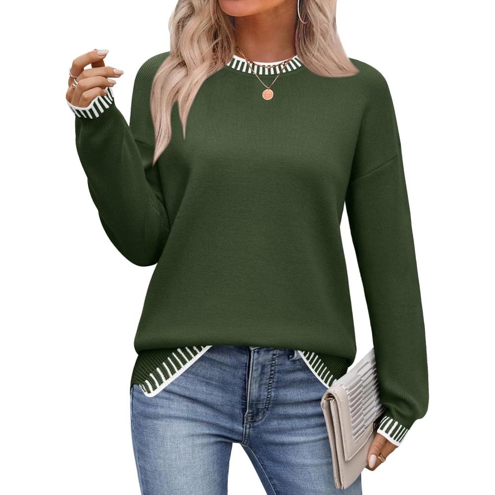 imageZeagoo Womens Crewneck Pullover Sweater Long Sleeve Knit Side Slit 2025 Fall Winter Sweater TopsArmy Green