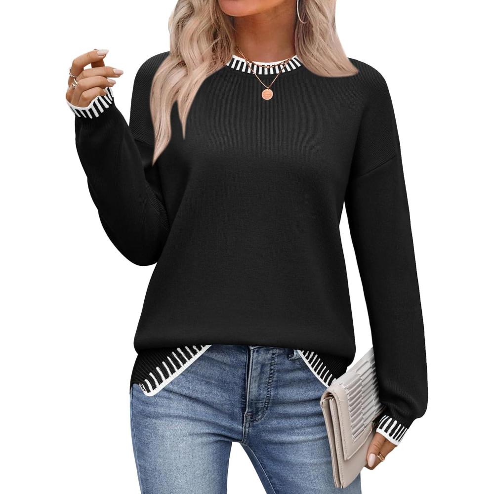 imageZeagoo Womens Crewneck Pullover Sweater Long Sleeve Knit Side Slit 2025 Fall Winter Sweater TopsBlack