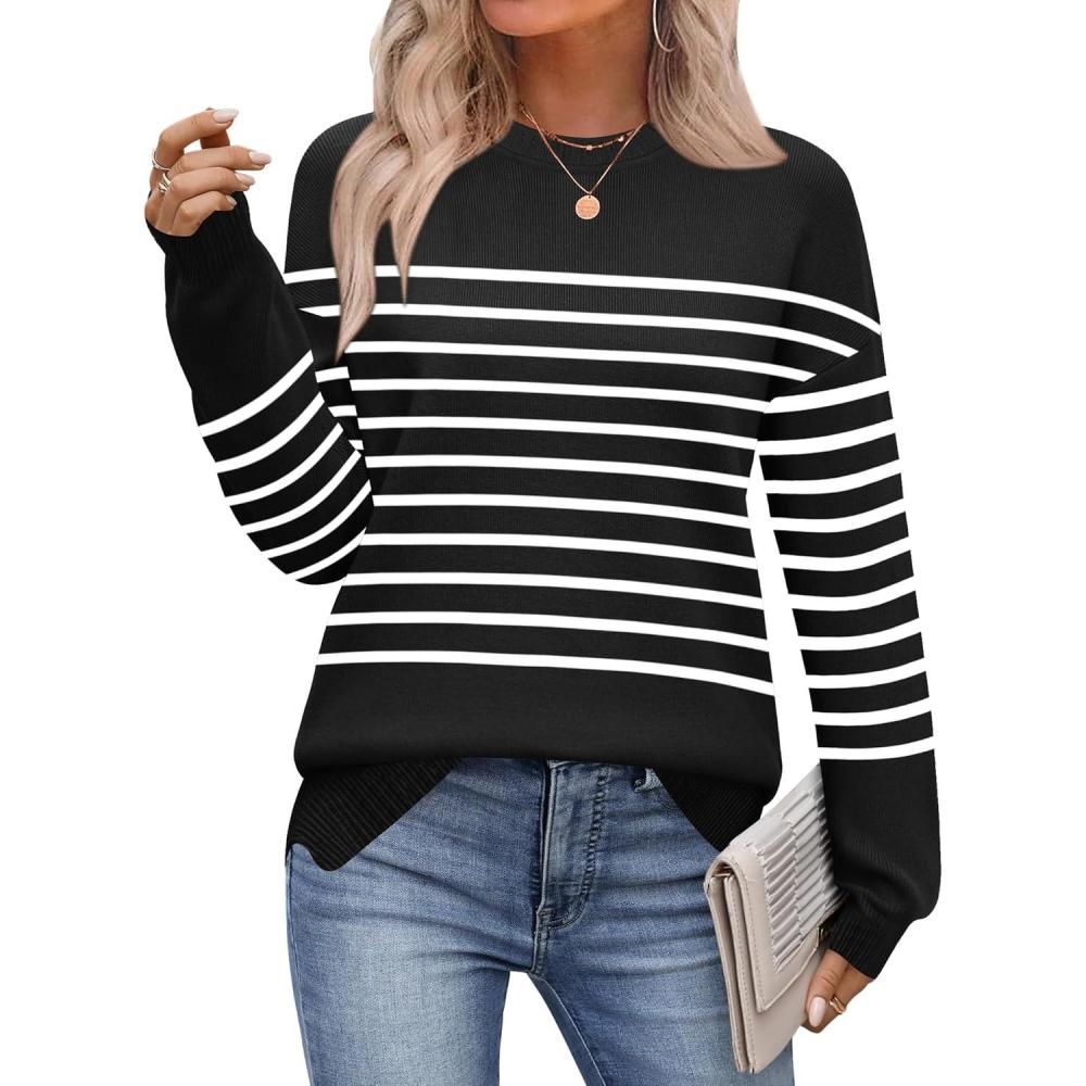 imageZeagoo Womens Crewneck Pullover Sweater Long Sleeve Knit Side Slit 2025 Fall Winter Sweater TopsBlack Stripe