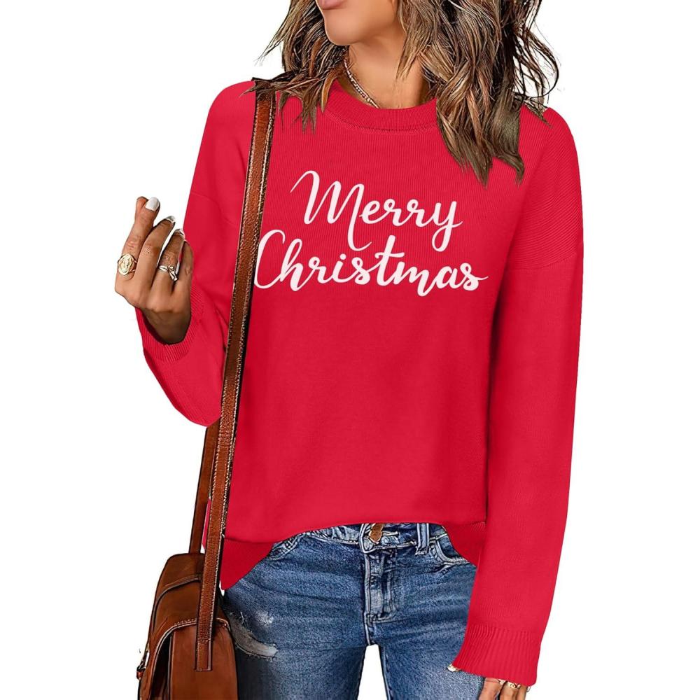 imageZeagoo Womens Crewneck Pullover Sweater Long Sleeve Knit Side Slit 2025 Fall Winter Sweater TopsChristmas Letter