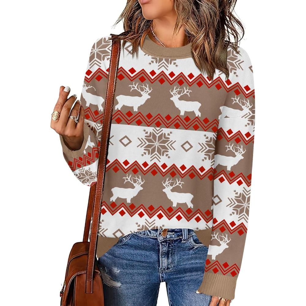 imageZeagoo Womens Crewneck Pullover Sweater Long Sleeve Knit Side Slit 2025 Fall Winter Sweater TopsElk Pattern