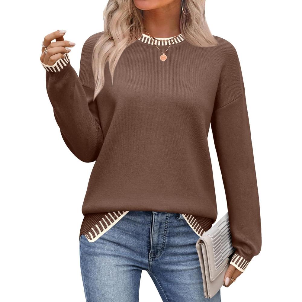 imageZeagoo Womens Crewneck Pullover Sweater Long Sleeve Knit Side Slit 2025 Fall Winter Sweater TopsNutmeg