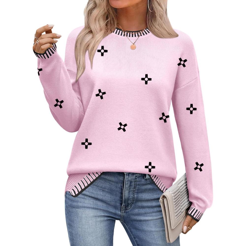 imageZeagoo Womens Crewneck Pullover Sweater Long Sleeve Knit Side Slit 2025 Fall Winter Sweater TopsPink Floral