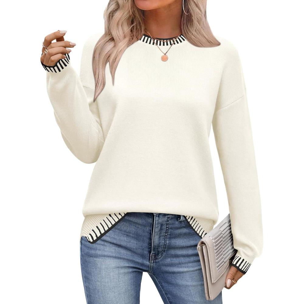 imageZeagoo Womens Crewneck Pullover Sweater Long Sleeve Knit Side Slit 2025 Fall Winter Sweater TopsWhite