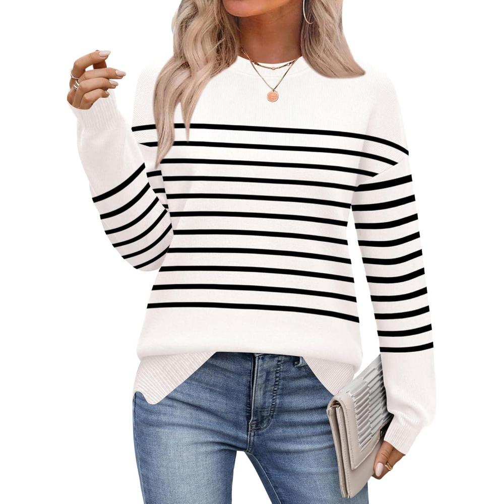imageZeagoo Womens Crewneck Pullover Sweater Long Sleeve Knit Side Slit 2025 Fall Winter Sweater TopsWhite Stripe