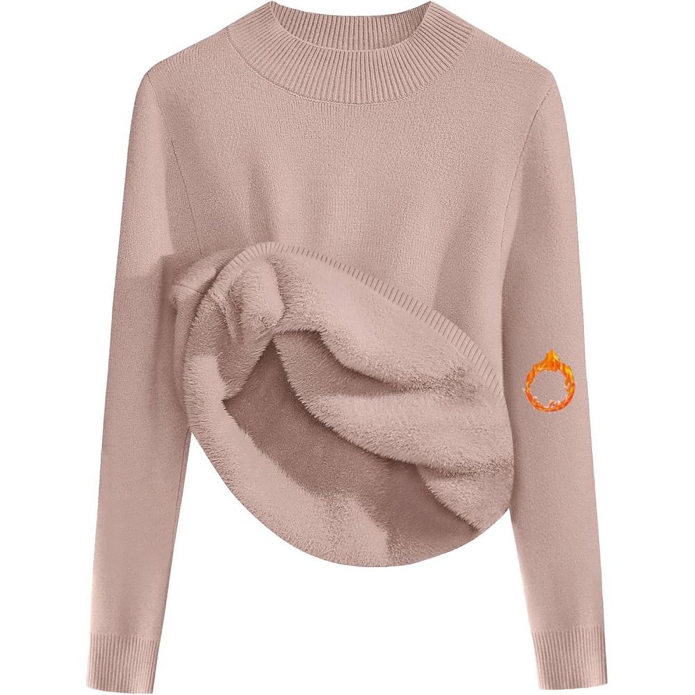 imageZeagoo Womens Fleece Sherpa Lined Sweater Mock Neck Long Sleeve Thermal Shirt 2026 Fall Winter Fuzzy Knit Jumper Tops SXXLKhaki