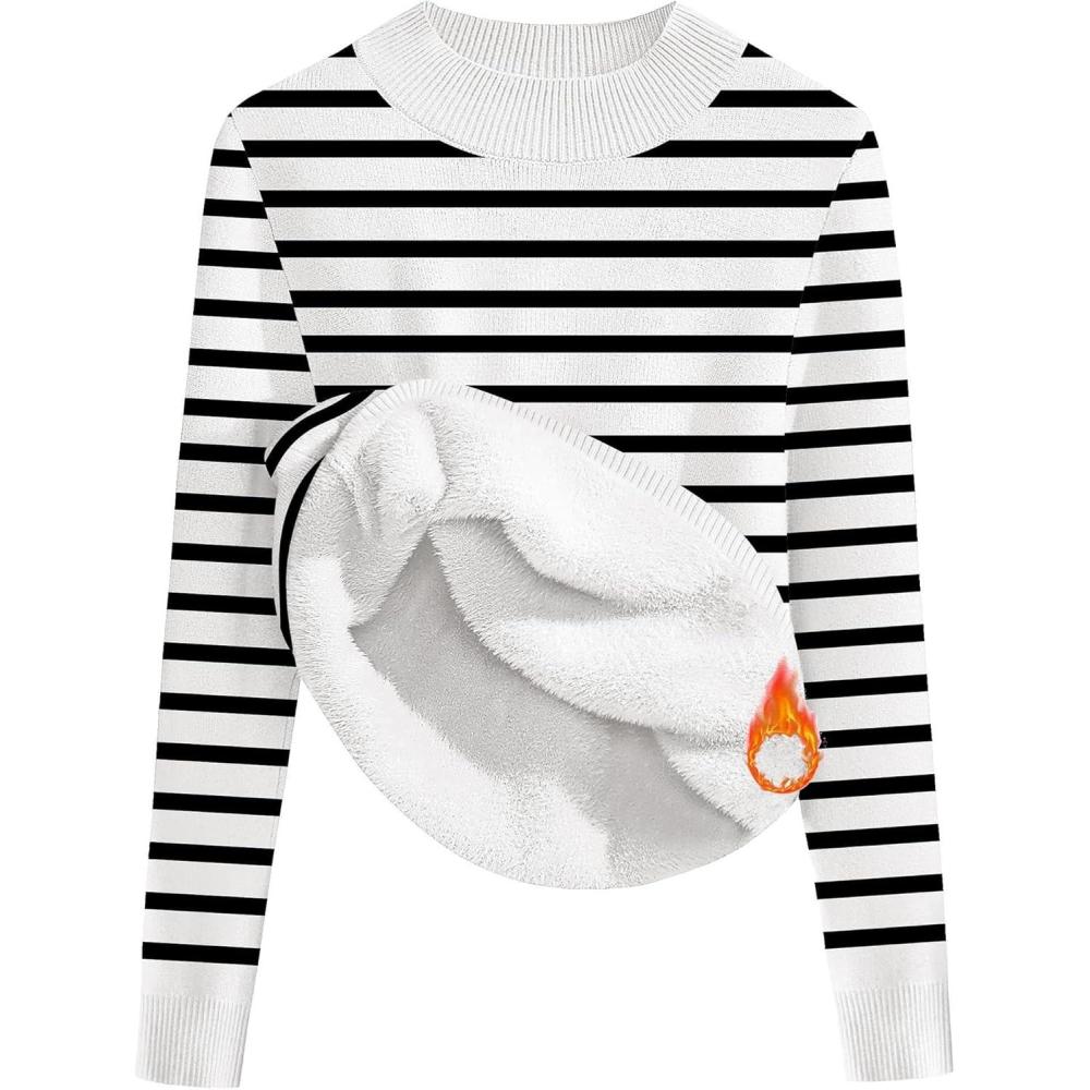 imageZeagoo Womens Fleece Sherpa Lined Sweater Mock Neck Long Sleeve Thermal Shirt 2026 Fall Winter Fuzzy Knit Jumper Tops SXXLWhite Black Stripe