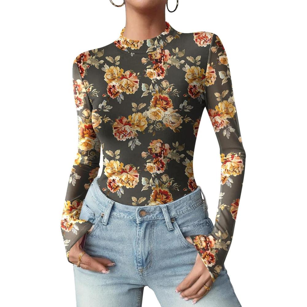 imageZeagoo Womens Floral Mesh Long Sleeve Tops See Through Going Out Blouses Mock Neck Sheer Party Outfits Shirts SXXLBf282