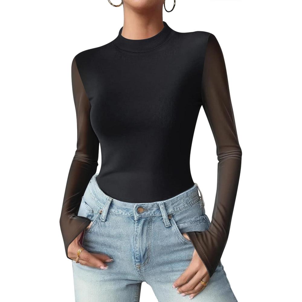 imageZeagoo Womens Floral Mesh Long Sleeve Tops See Through Going Out Blouses Mock Neck Sheer Party Outfits Shirts SXXLBlack