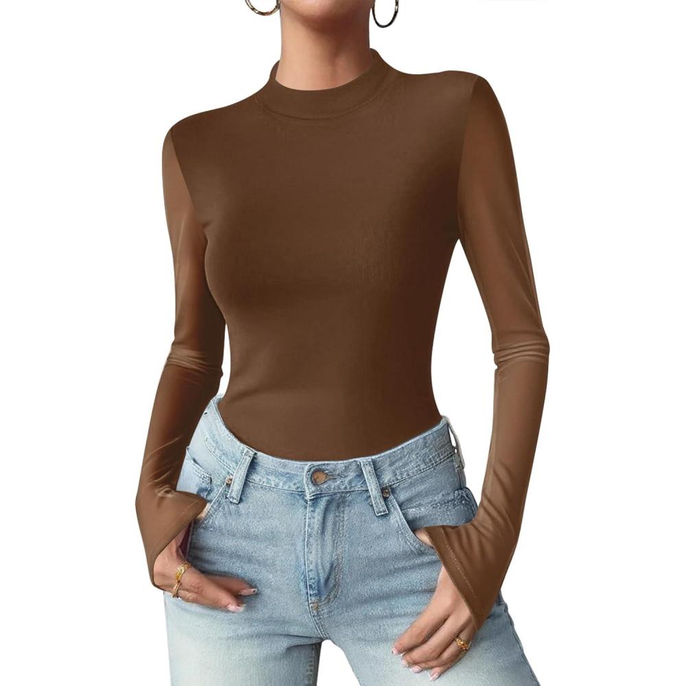 imageZeagoo Womens Floral Mesh Long Sleeve Tops See Through Going Out Blouses Mock Neck Sheer Party Outfits Shirts SXXLBrown