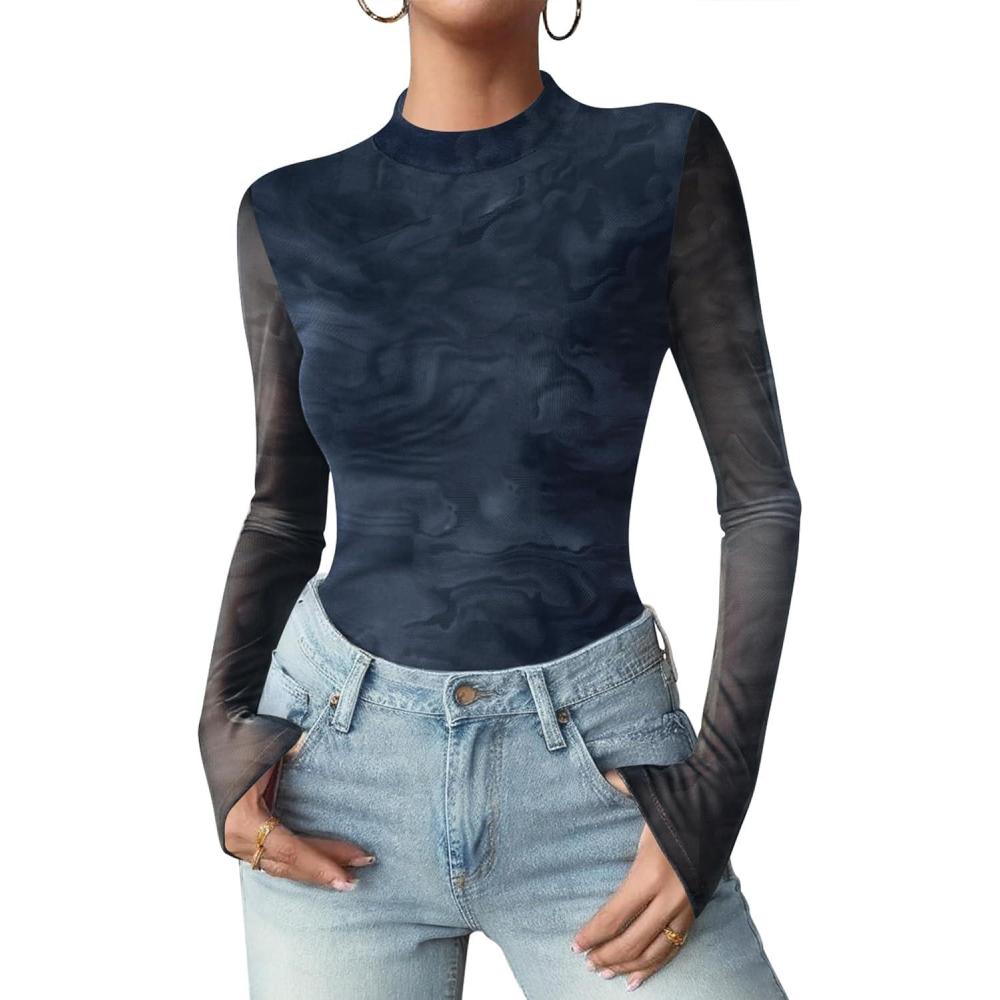 imageZeagoo Womens Floral Mesh Long Sleeve Tops See Through Going Out Blouses Mock Neck Sheer Party Outfits Shirts SXXLCx281