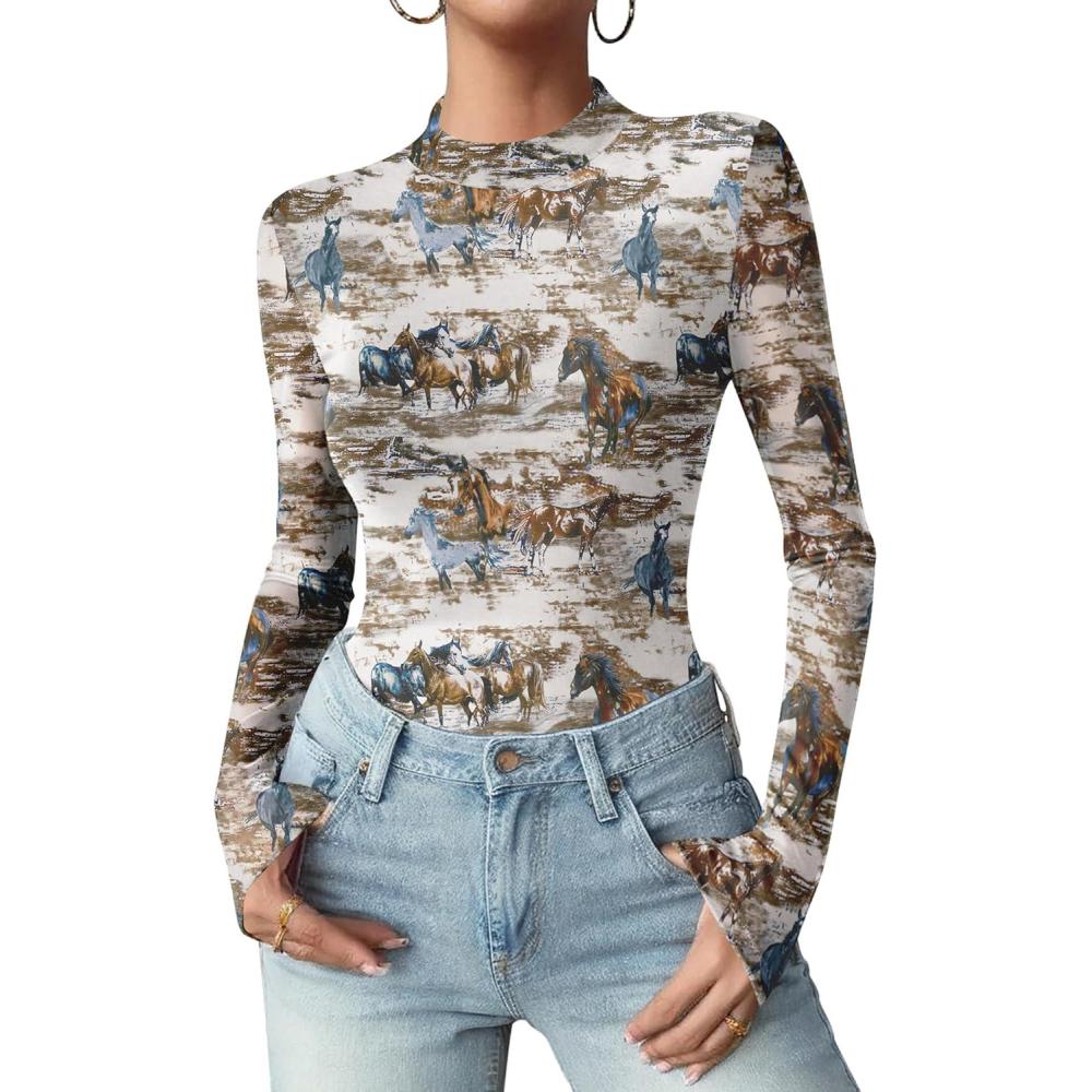 imageZeagoo Womens Floral Mesh Long Sleeve Tops See Through Going Out Blouses Mock Neck Sheer Party Outfits Shirts SXXLDw137