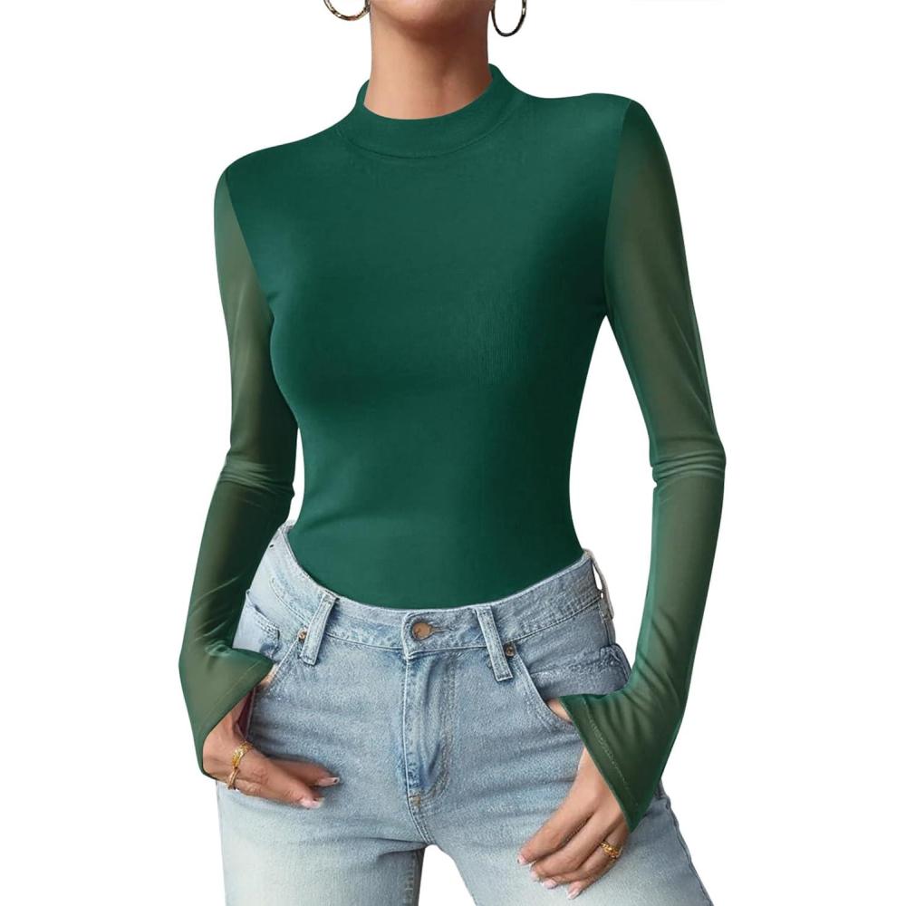 imageZeagoo Womens Floral Mesh Long Sleeve Tops See Through Going Out Blouses Mock Neck Sheer Party Outfits Shirts SXXLGreen