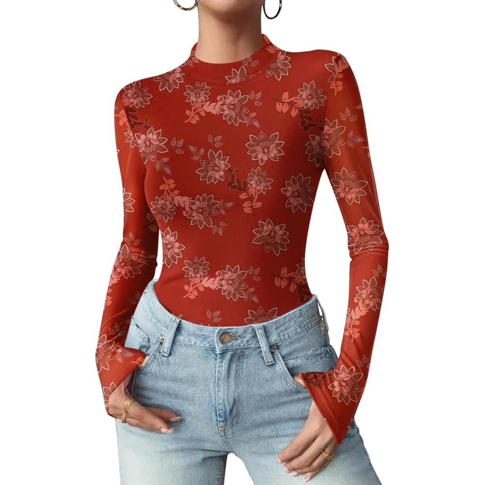 imageZeagoo Womens Floral Mesh Long Sleeve Tops See Through Going Out Blouses Mock Neck Sheer Party Outfits Shirts SXXLSf328