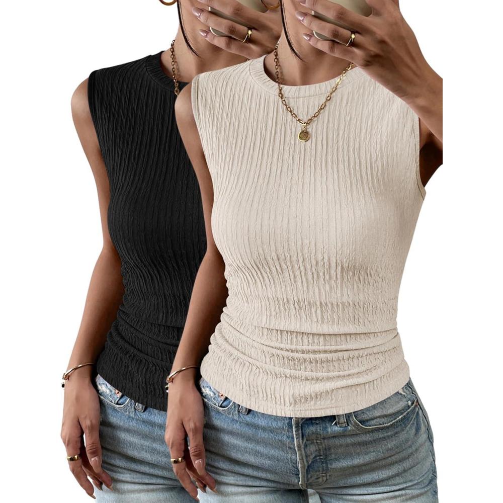 imageZeagoo Womens High Neck Tank Top 2026 Summer Casual Ribbed Knit Slim Fitted Basic Textured Sleeveless Shirts2 Pack Beige Black
