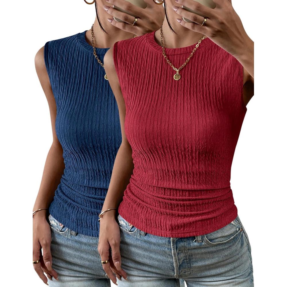 imageZeagoo Womens High Neck Tank Top 2026 Summer Casual Ribbed Knit Slim Fitted Basic Textured Sleeveless Shirts2 Pack Blue Red