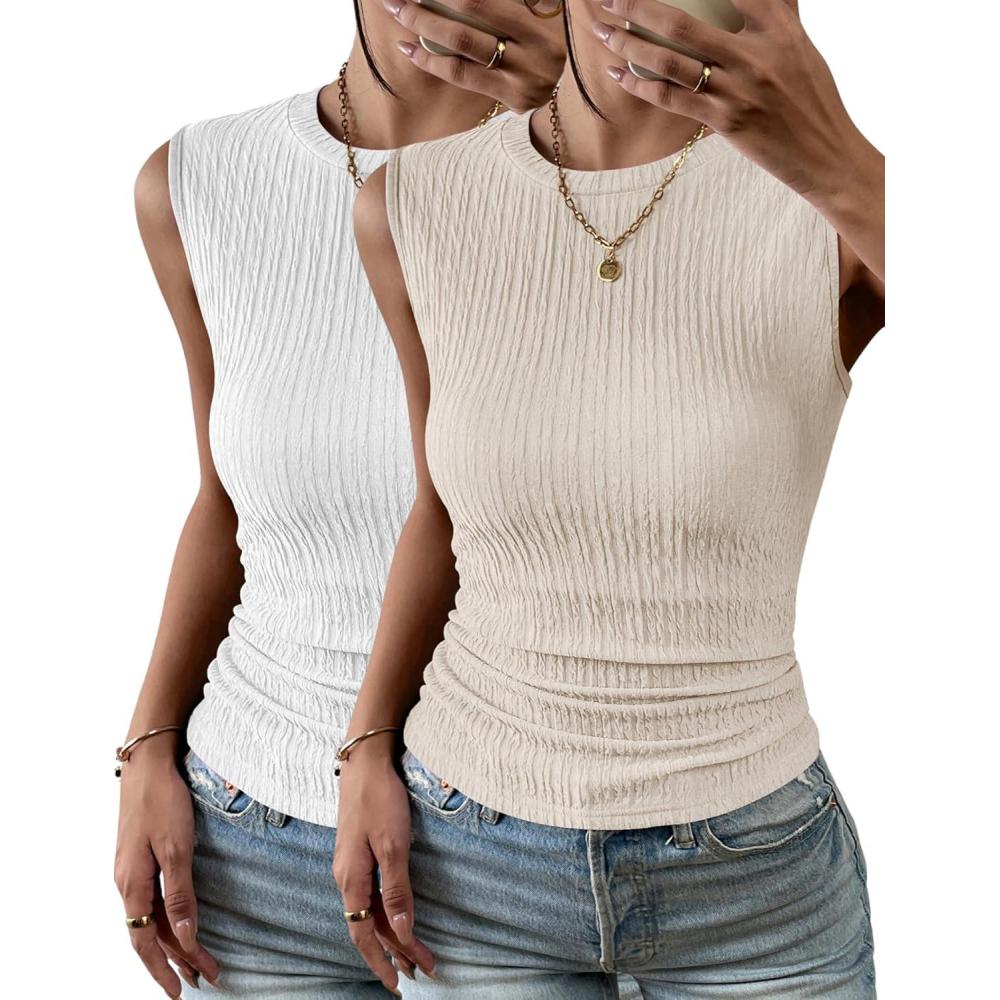 imageZeagoo Womens High Neck Tank Top 2026 Summer Casual Ribbed Knit Slim Fitted Basic Textured Sleeveless Shirts2 Pack White Beige