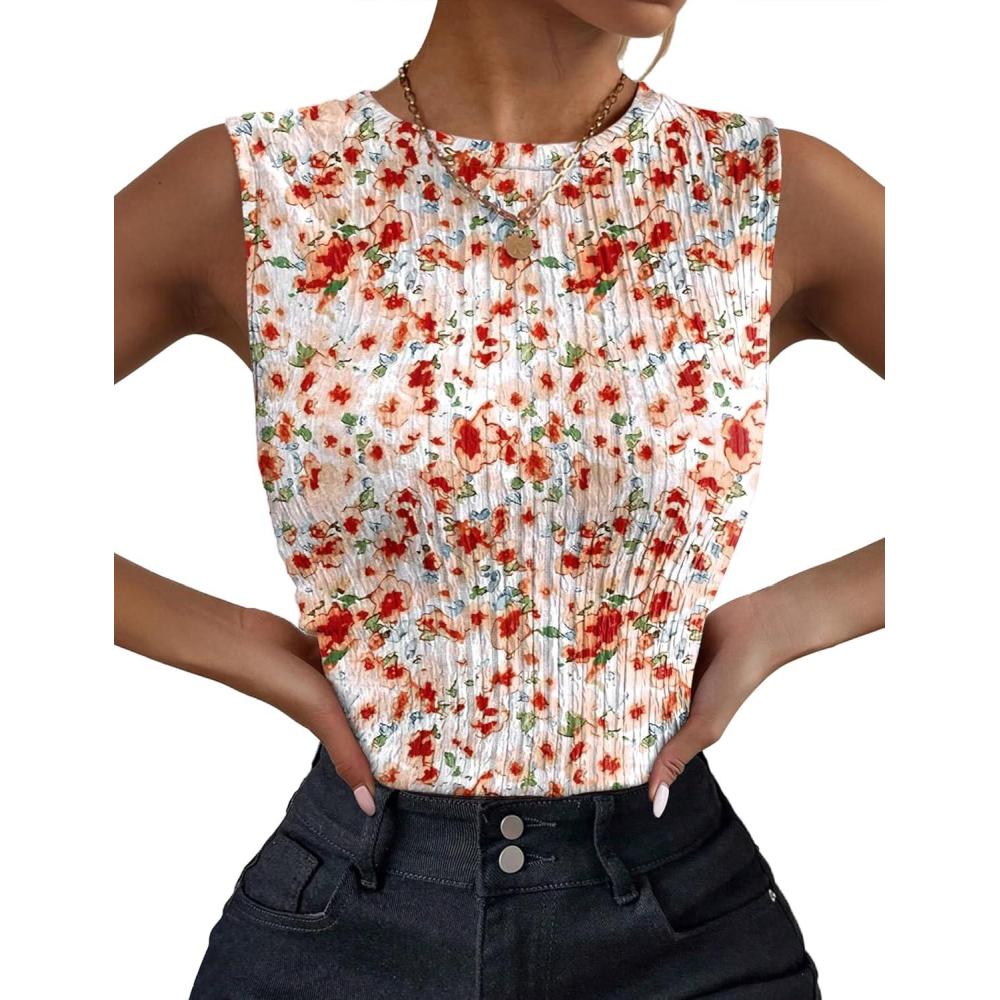 imageZeagoo Womens High Neck Tank Top 2026 Summer Casual Ribbed Knit Slim Fitted Basic Textured Sleeveless ShirtsAfloral Orange