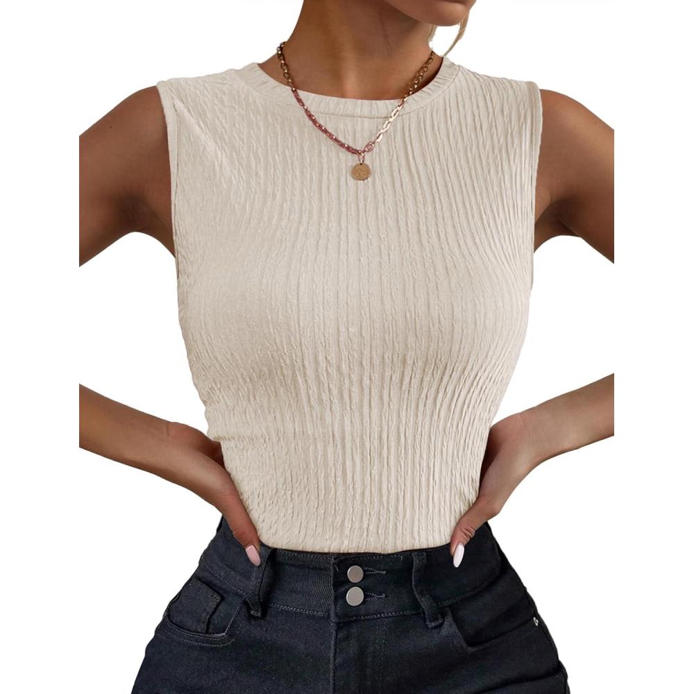 imageZeagoo Womens High Neck Tank Top 2026 Summer Casual Ribbed Knit Slim Fitted Basic Textured Sleeveless ShirtsBeige