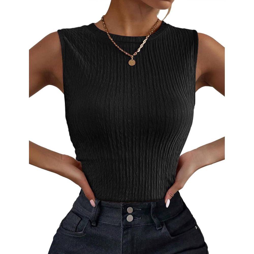 imageZeagoo Womens High Neck Tank Top 2026 Summer Casual Ribbed Knit Slim Fitted Basic Textured Sleeveless ShirtsBlack
