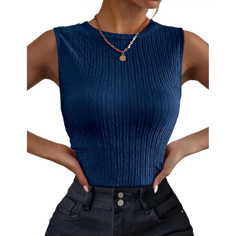 imageZeagoo Womens High Neck Tank Top 2026 Summer Casual Ribbed Knit Slim Fitted Basic Textured Sleeveless ShirtsBlue
