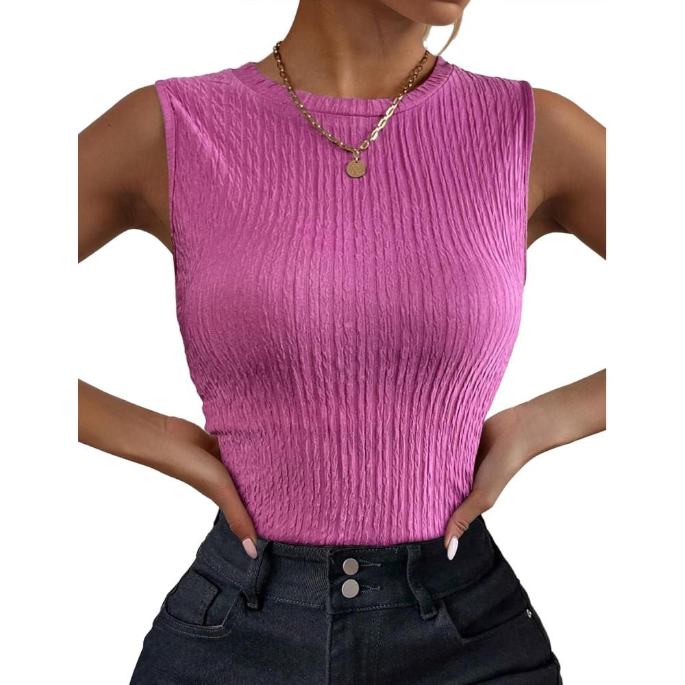 imageZeagoo Womens High Neck Tank Top 2026 Summer Casual Ribbed Knit Slim Fitted Basic Textured Sleeveless ShirtsHot Pink